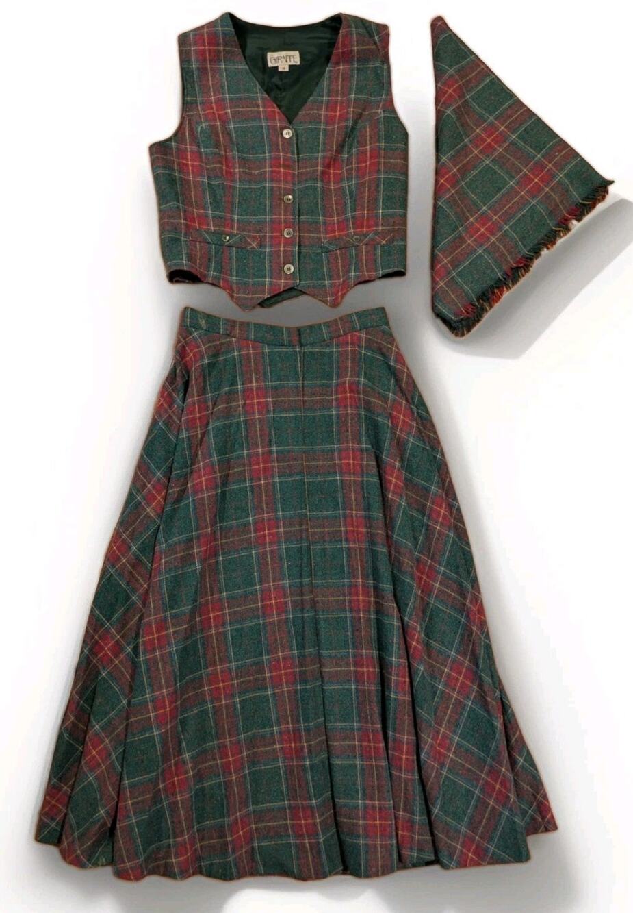 Vintage Giraffe Size 14 Plaid Maxi Skirt Vest Shawl 3 Piece Set Union Made USA